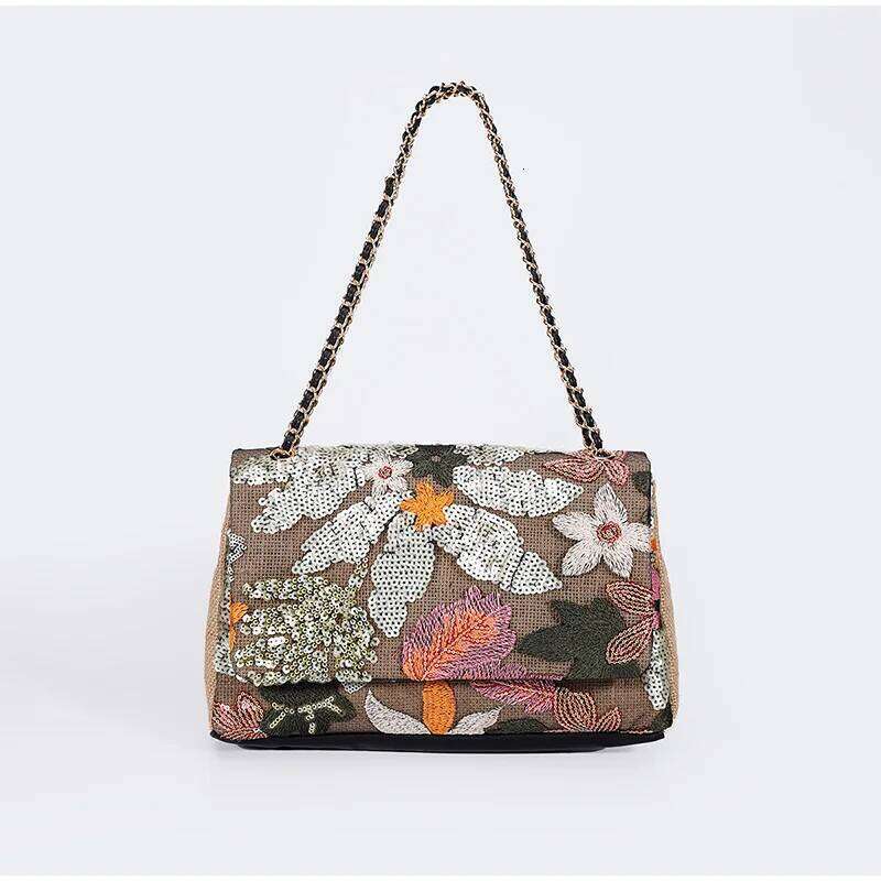 Handmade Embroidered Sequin Underarm Shoulder Bag,Summer Floral Niche Designer Hemp Woven Flap Bag,Exquisite Gorgeous Handbag
