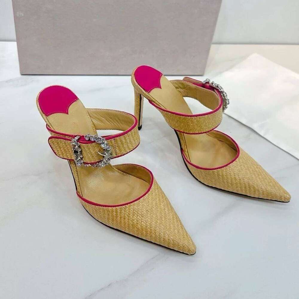Top Version 2025 New Dia Buckle Rafi Grass Braided Pointed-Toe Slim High Heel Half Slippers Mules Shoes Bota Feminina