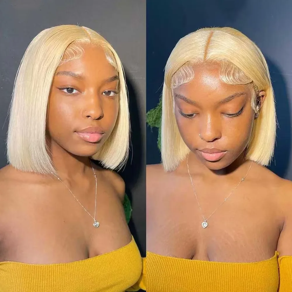 Blonde 613 Short Bob Hair Wig Lace Front Simulation Human Hair Wig Straight 13X4 Frontal 180% Density Transparent Straight Closure Wigs For Women Synt
