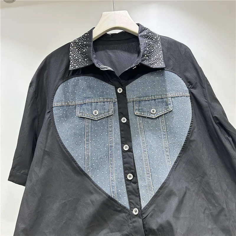 DEAT Women Shirt Loose Patchwork Denim Heart Rhinestone Single Breasted Short Sleeve Blouse Summer 2025 Fashion 29A1098 250523
