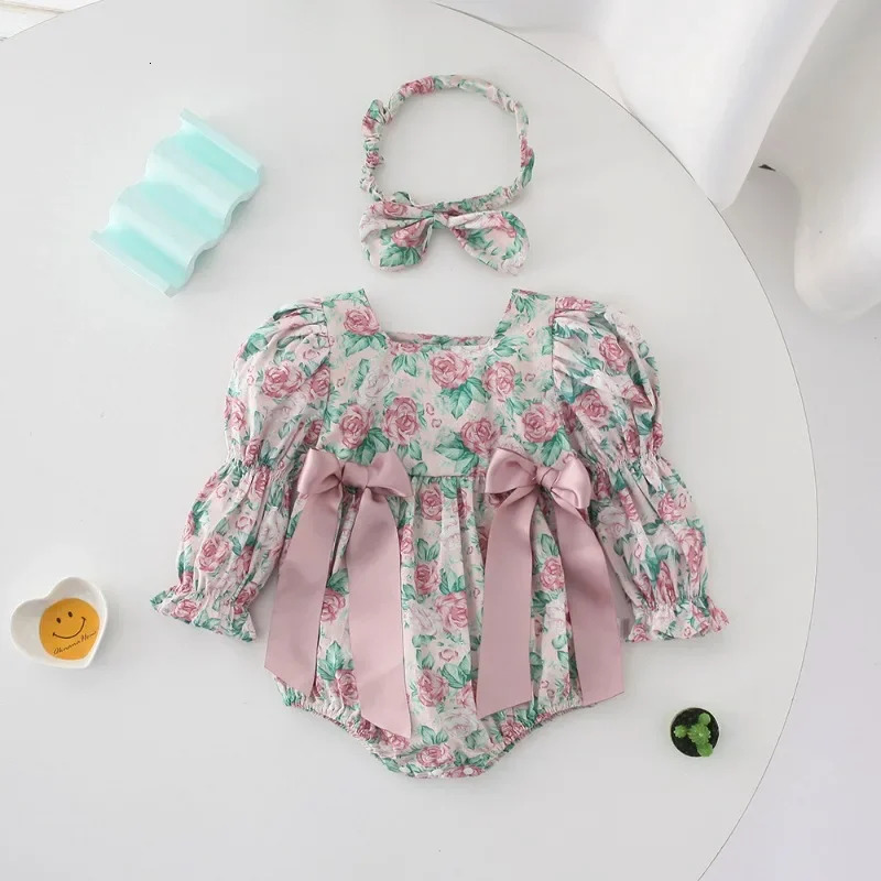Family Matching Outfits Spring Long Puff Sleeves Floral Baby BodysuitSquare Collar Dress with Bowknot for Twins Girls H4408 250528