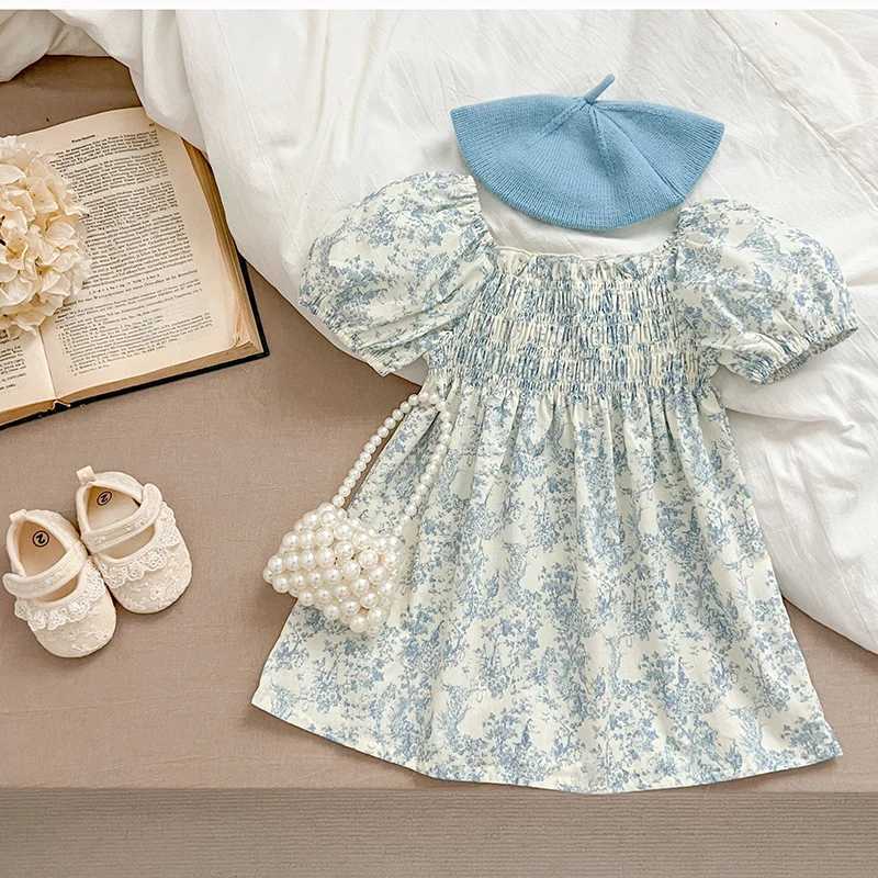 New Summer Clothes Baby Girls Princess Dresses Puff Sleeve Blue Flower Toddlers Vacation Kids Cotton Cute Dress Korean Style X250528