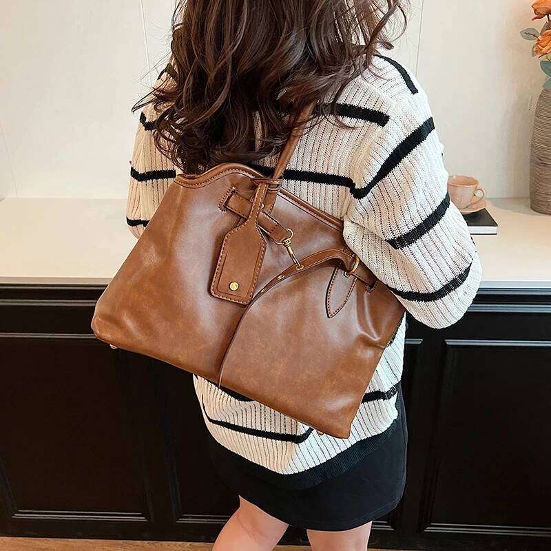 Vintage Large Capacity Tote For Women Crossbody Bag, Casual Commuting Briefcase Dual Compartment Buckle Closure Shoulder Bag