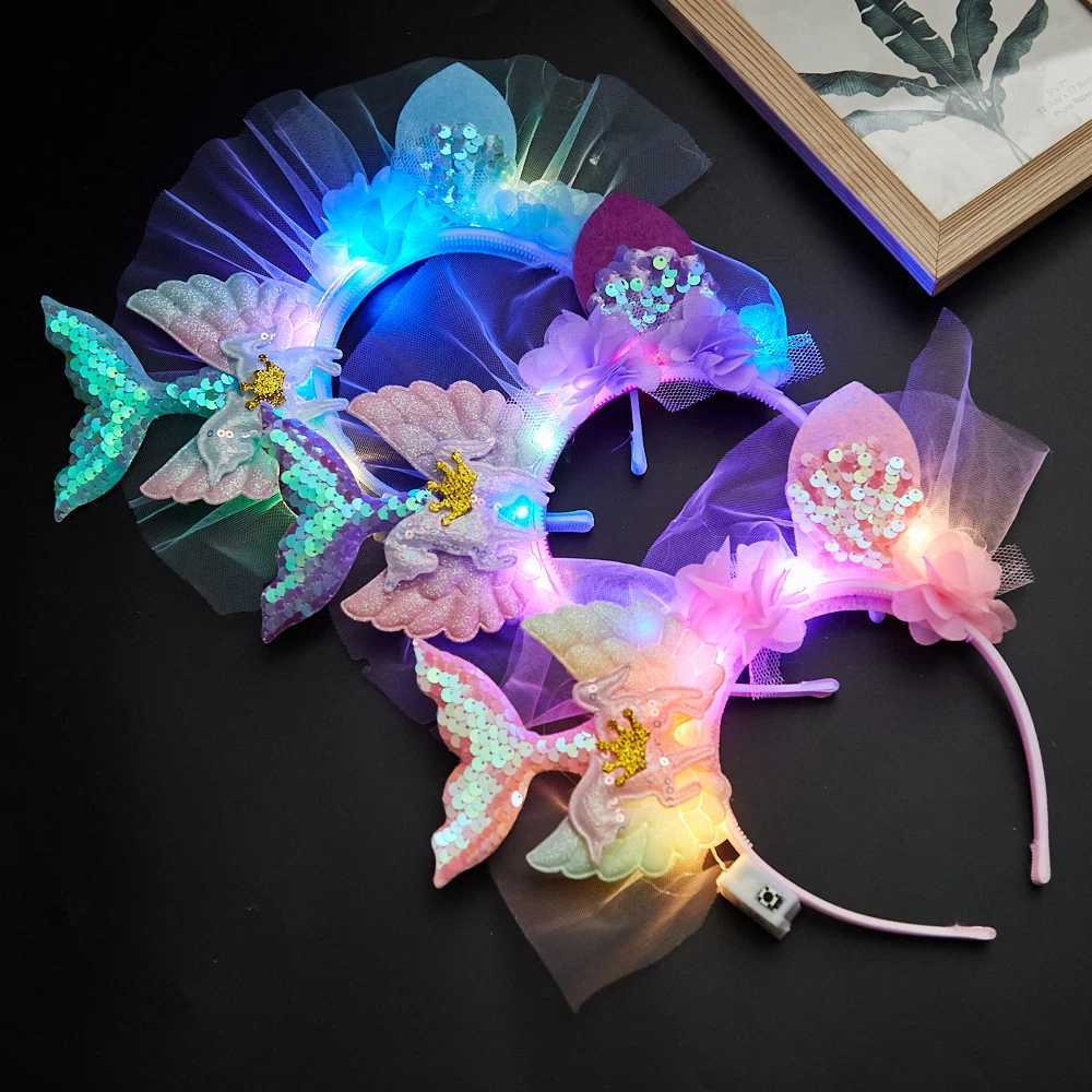 1/10/20 PCSLED Light Up Mermaid Tail Headband for Girls Glitter Sequin Hairband with Tulle and Crown for Party Birthday and W250528