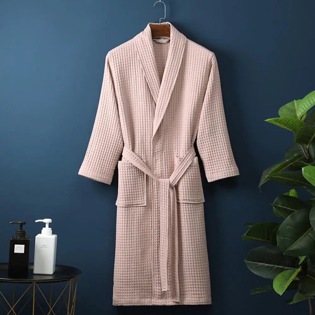 Long Waffle Bathrobe Unisex Mens V Neck Lace-up Nightgown with Pockets Loose Long Sleeve Sleepwear Towel Bathrobe for el 250527