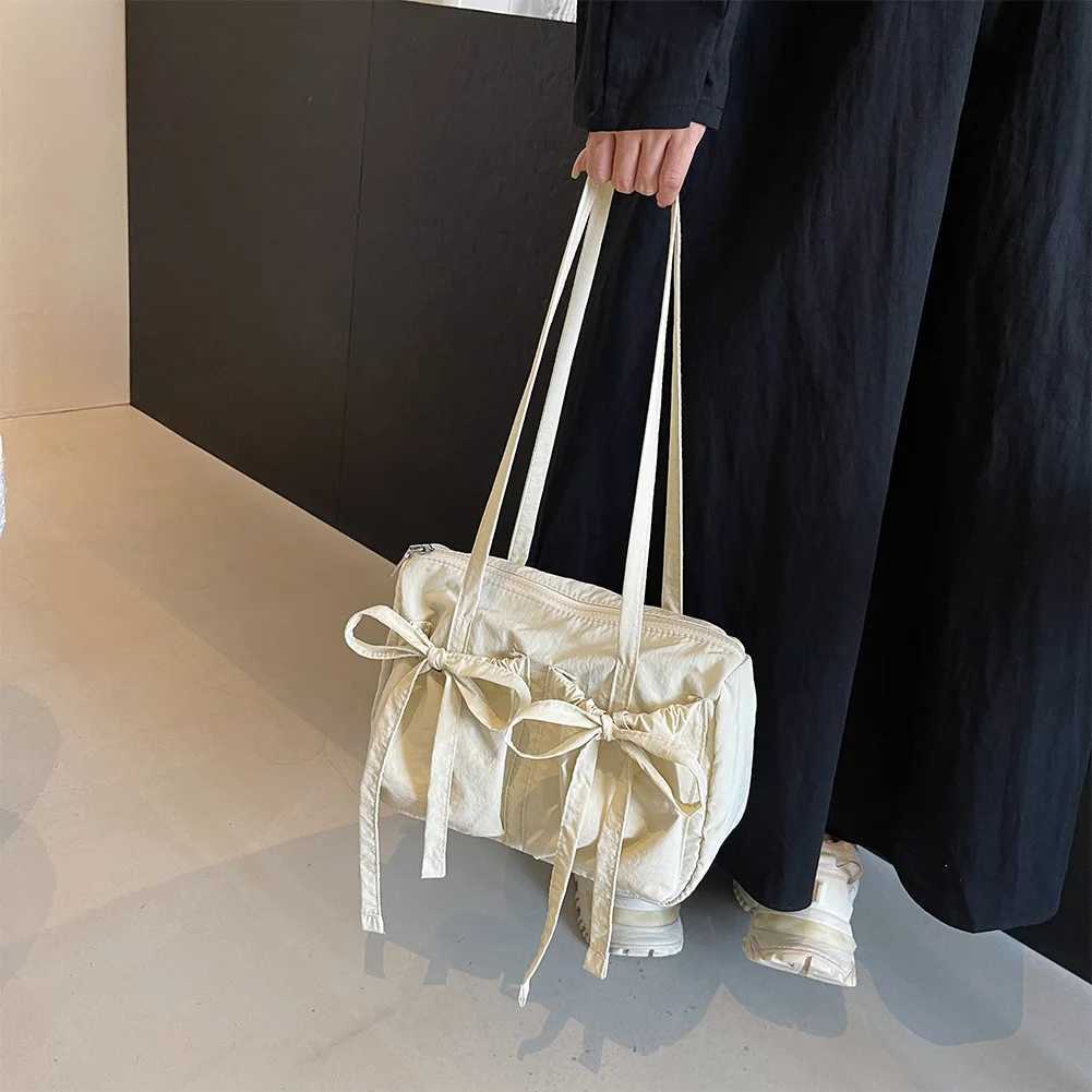 Women Plain Drawstring with Bow Canvas Cute Shoulder Bag Zipper Large Tote Handbag Large Capacity Solid Underarm Bag Y250528