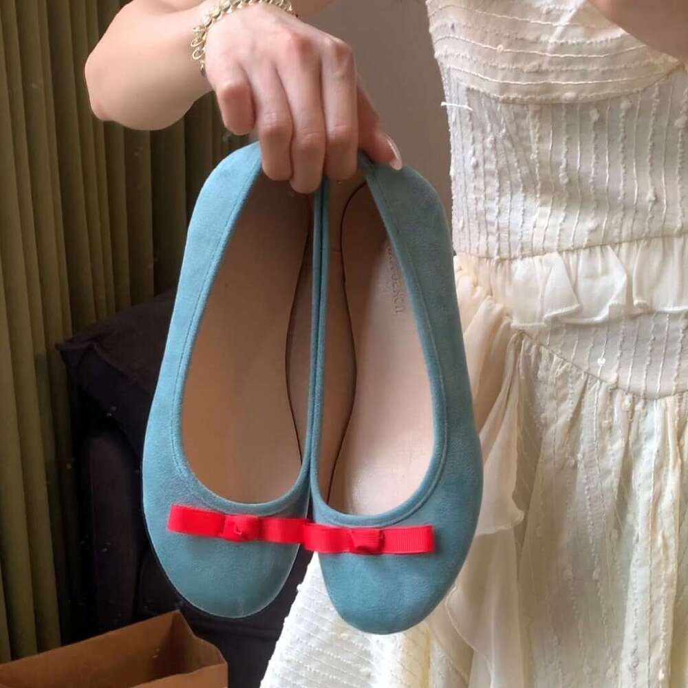 2025 Spring Summer French Bow Round Toe Ballet Women Blue Flat Fairy Evening Style Shallow Mouth Single Shoes