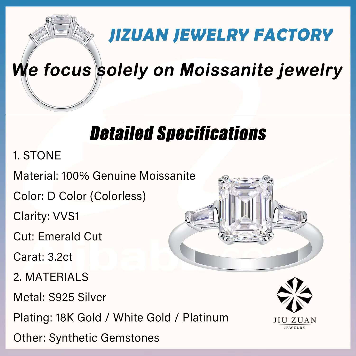 Emerald Cut Moissanite Ring S925 Sterling Silver 18K Gold Plated Engagement Wedding Jewelry for Women