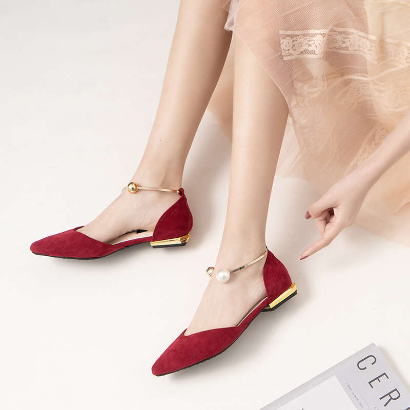 2025 Hot Hot Spring New Single Women's Pearl Ring Metal Heel Hollow Pointed Shallow Mouth Flat Bottom Shoes