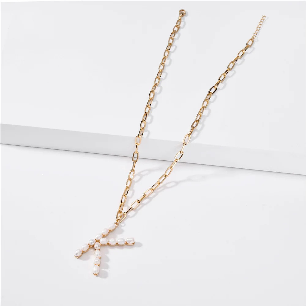 F.I.N.S INS Style Freshwater Pearl Big Initial Alphabet Pendants for Women Curb Thick Long Chain Link Necklace Women 250520
