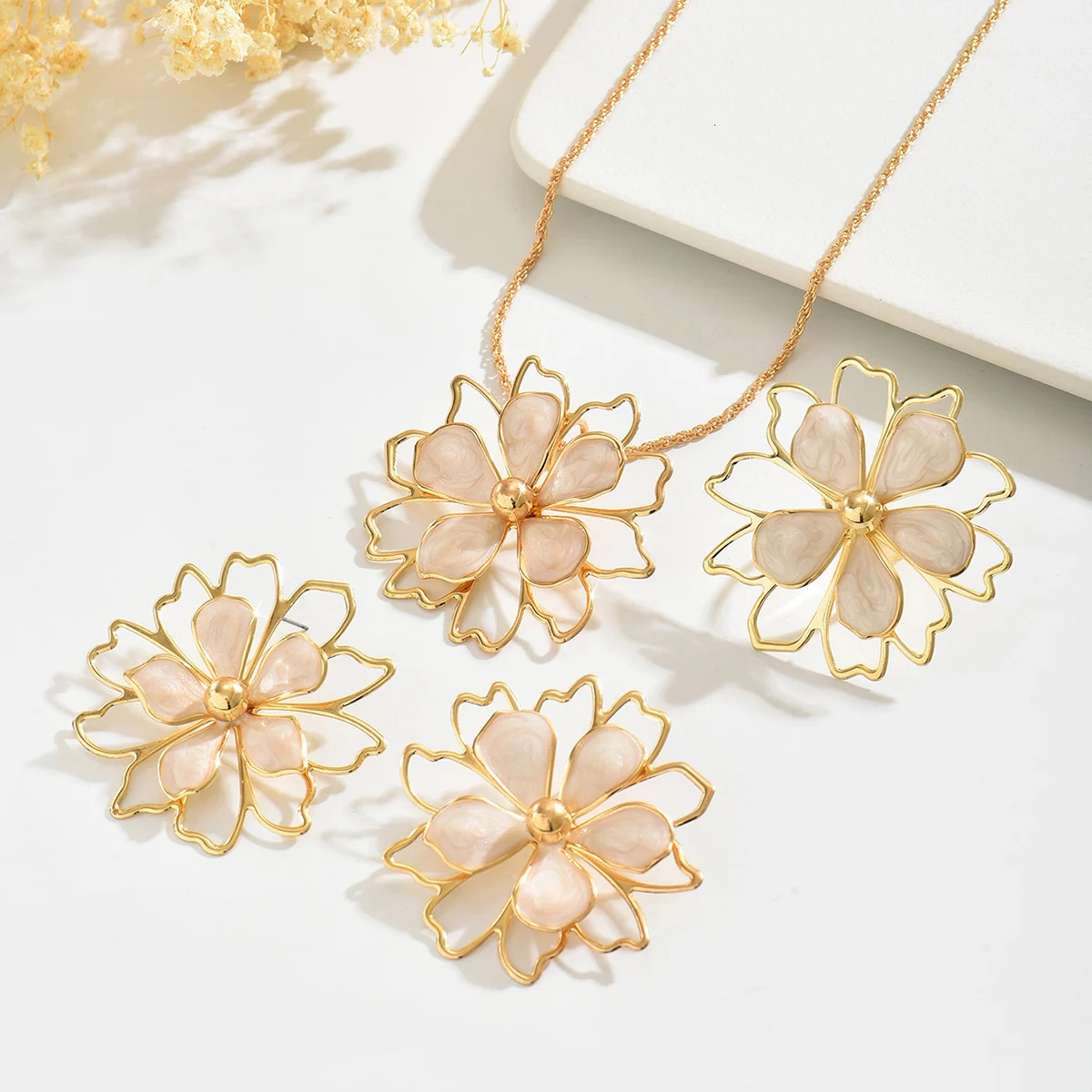 Trendy Colorful Hollow Enamel Flower Earrings Necklaces Rings for Women Bohemia Exquisite Floral Jewelry Sets Summer Accessories 250527