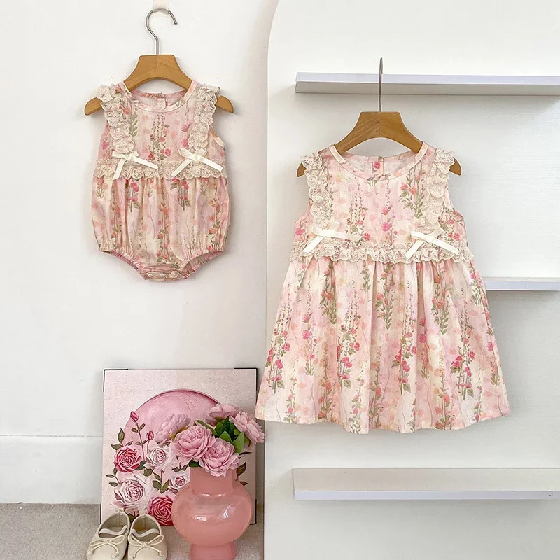 Family Matching Sister Outfit Summer Baby Girl Clothes Pink Lace Bow Flower Girls Dress Cotton Romper Princess 250528