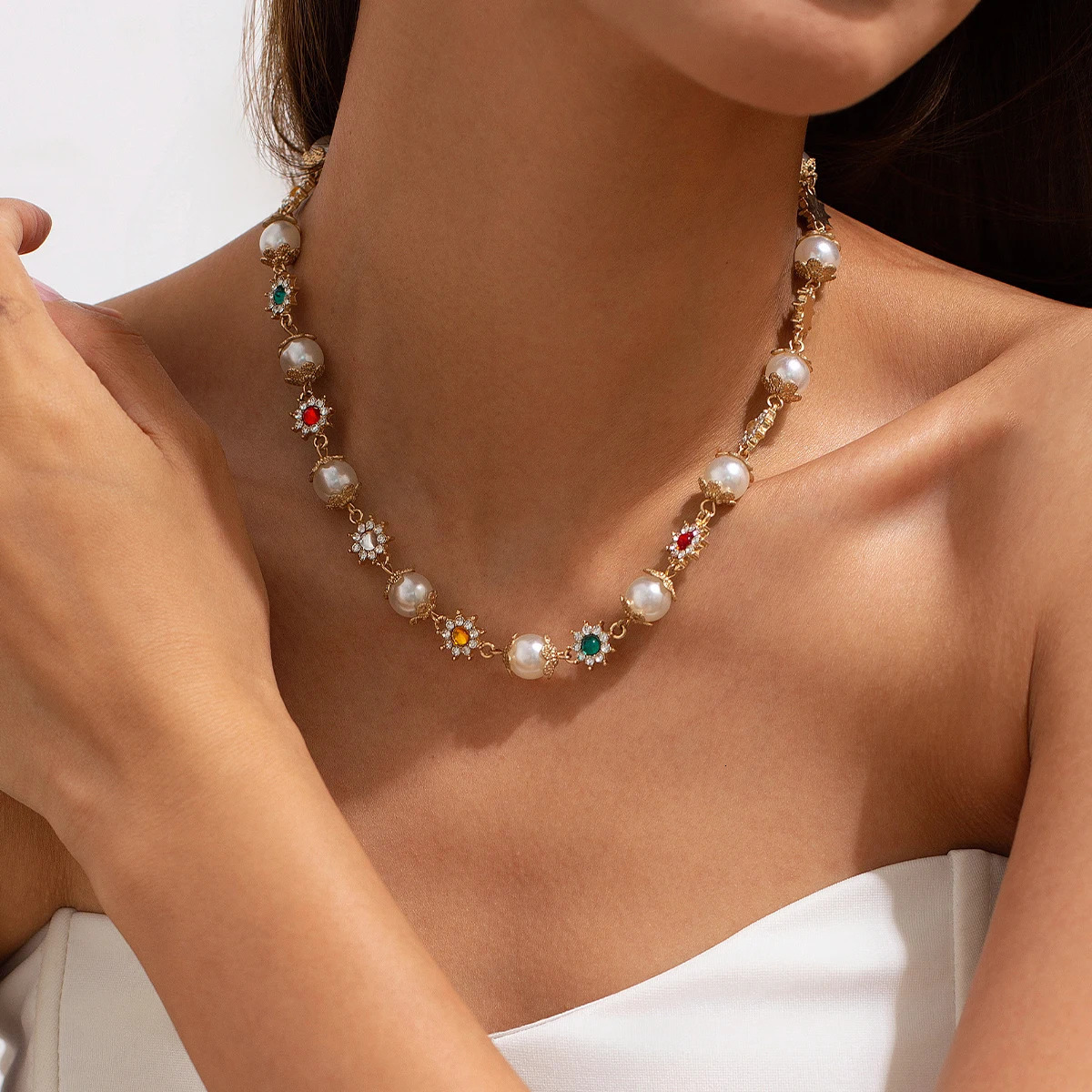 IngeSight.Z Trendy Pearl Rhinestone Flower Beads Choker Necklace Women Elegant Bridal Wedding Party Jewelry 250522