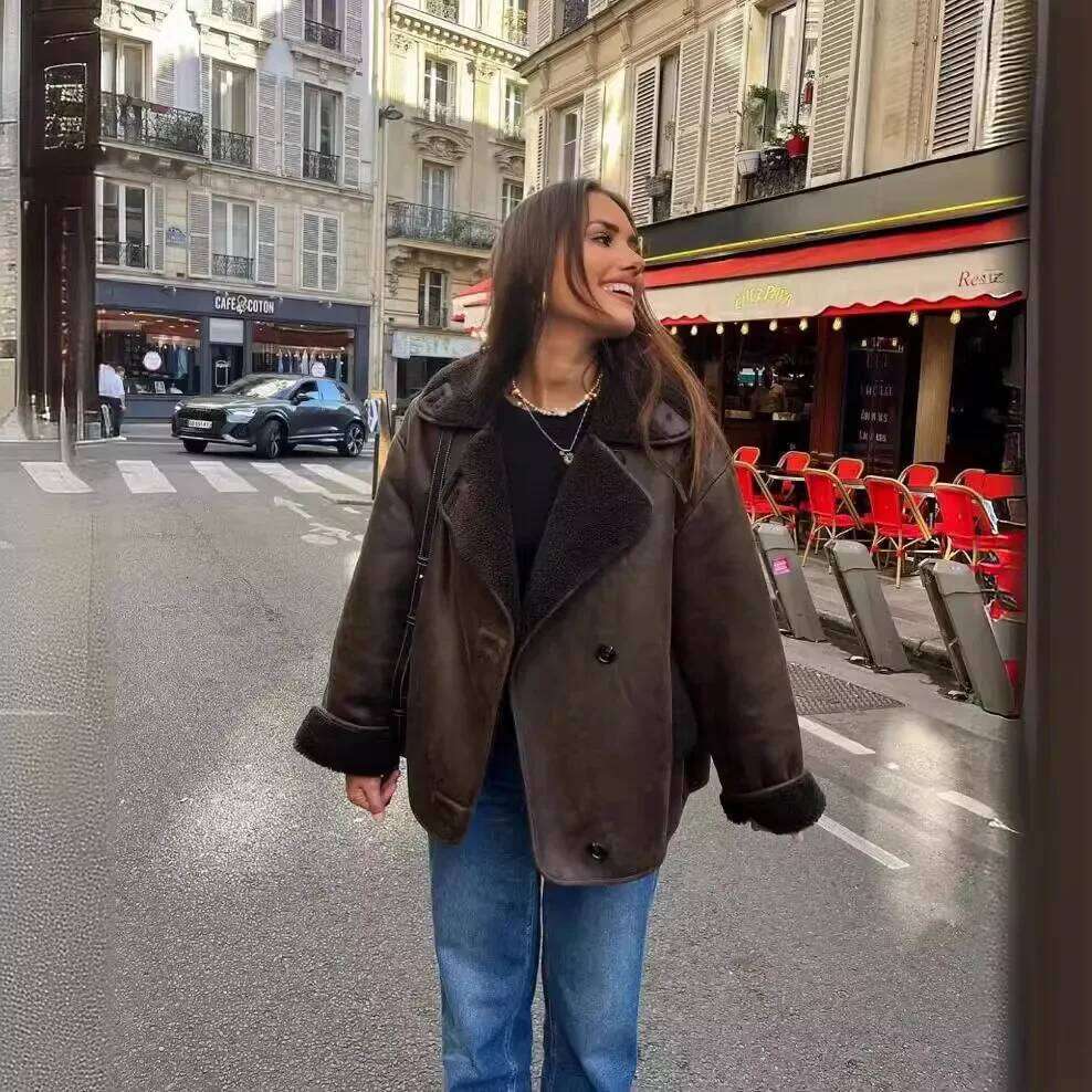 Double-Sided Lamb Collar Leather And Fur Integrated Jacket Winter Thickened Women's Loose Fit Outerwear Cross-Border