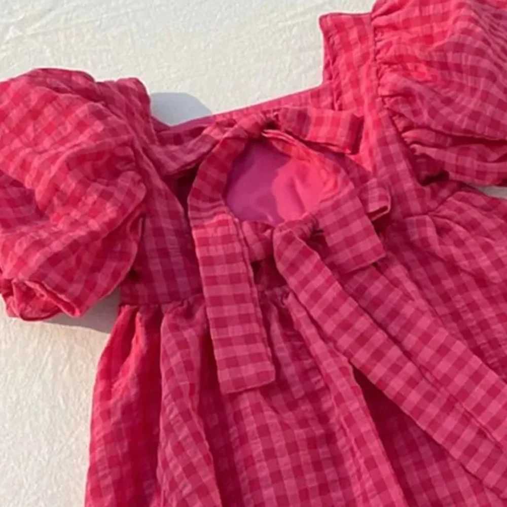 Red Checkered Butterfly Condensation Back Dress Childrens Wedding Party Clothing Bubble Sleeve Square Neck Pleated Dresses X250528