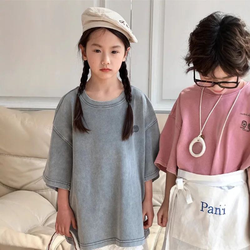 Children Brothers and Sisters Family Matching Outfits Summer Pink Grey Loose Short Sleeve Tshirt Girl Boys Tees H24317 250528
