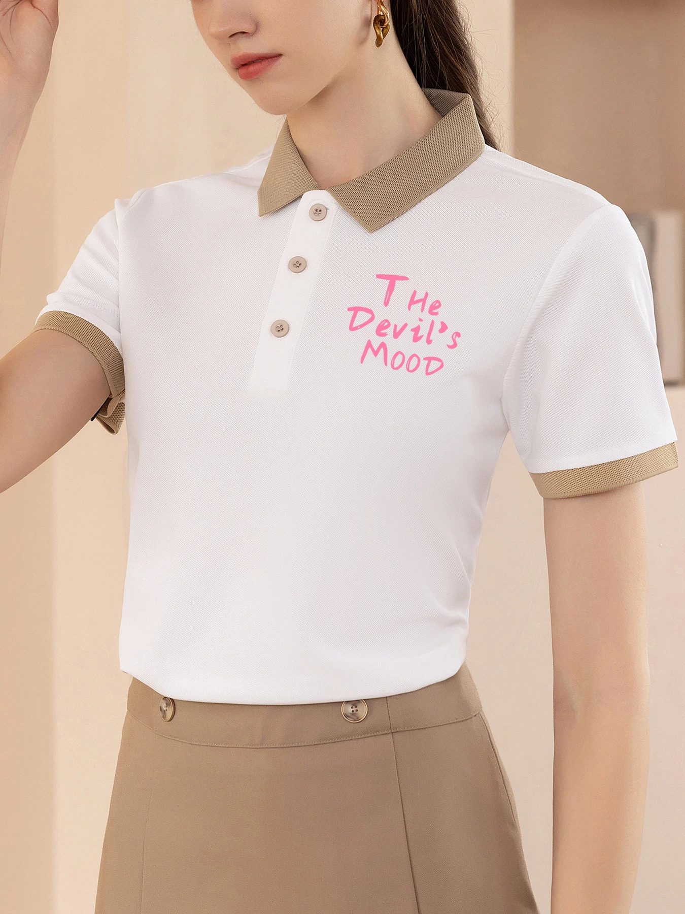 Pink The DevilS Mood Letter Prints Woman TShirt Trendy Casual Polo Shirts Breathable Lapel Tops AllMatch Contrast T 250520A