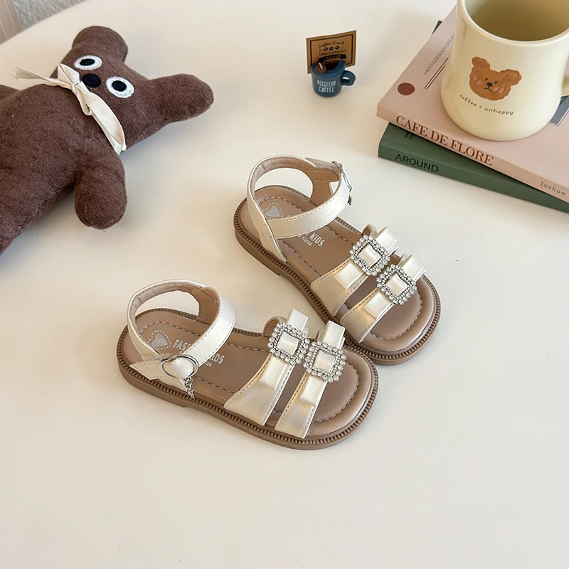 Girls Rhinestone Buckle Sandals Gold/Silver Soft Leather Summer Shoes for Toddlers 3-8 250528