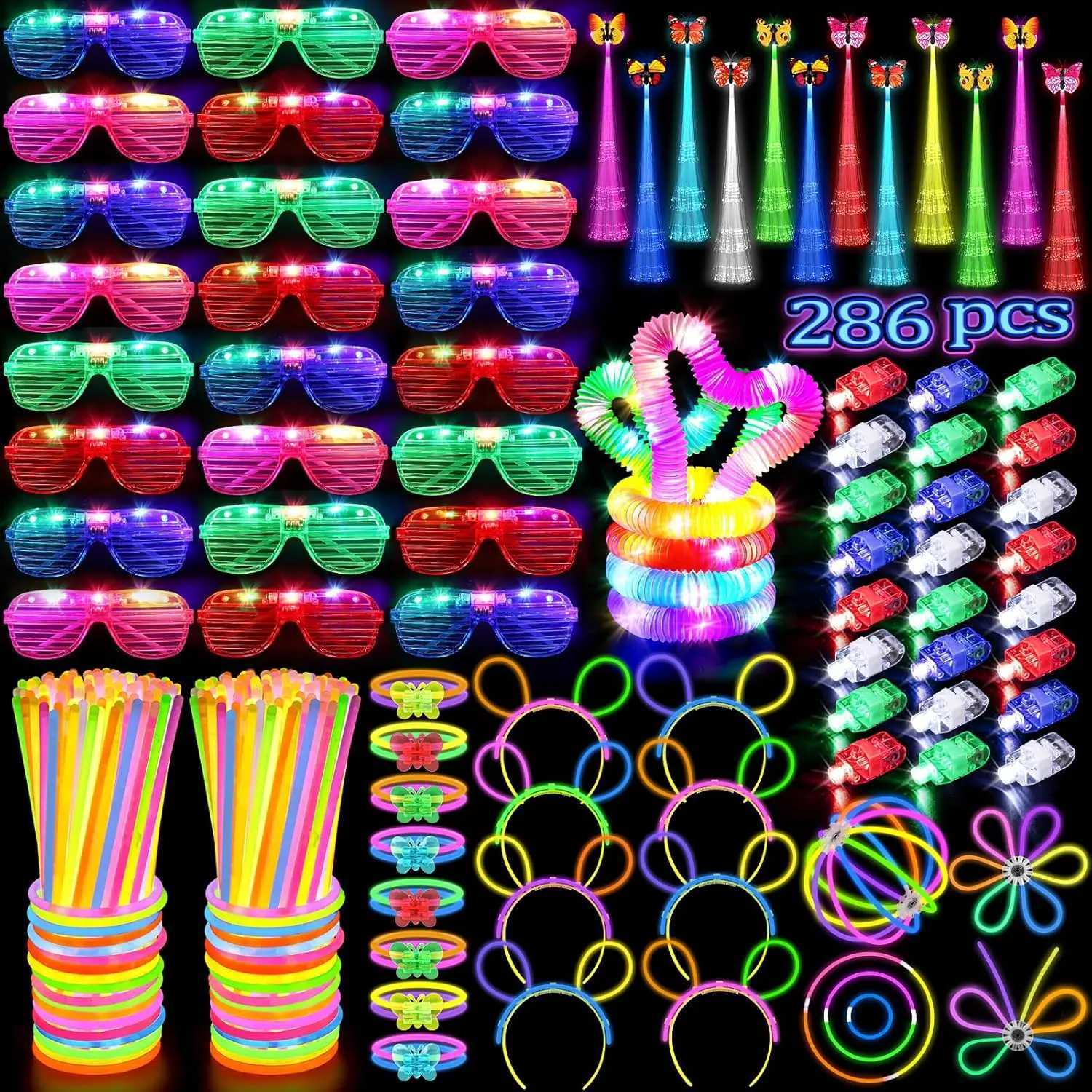 286-Pack LED Party Supplies Glow Glasses Tubes Hair Clips Sticks DIY Bracelets Headbands for Neon Party W250528