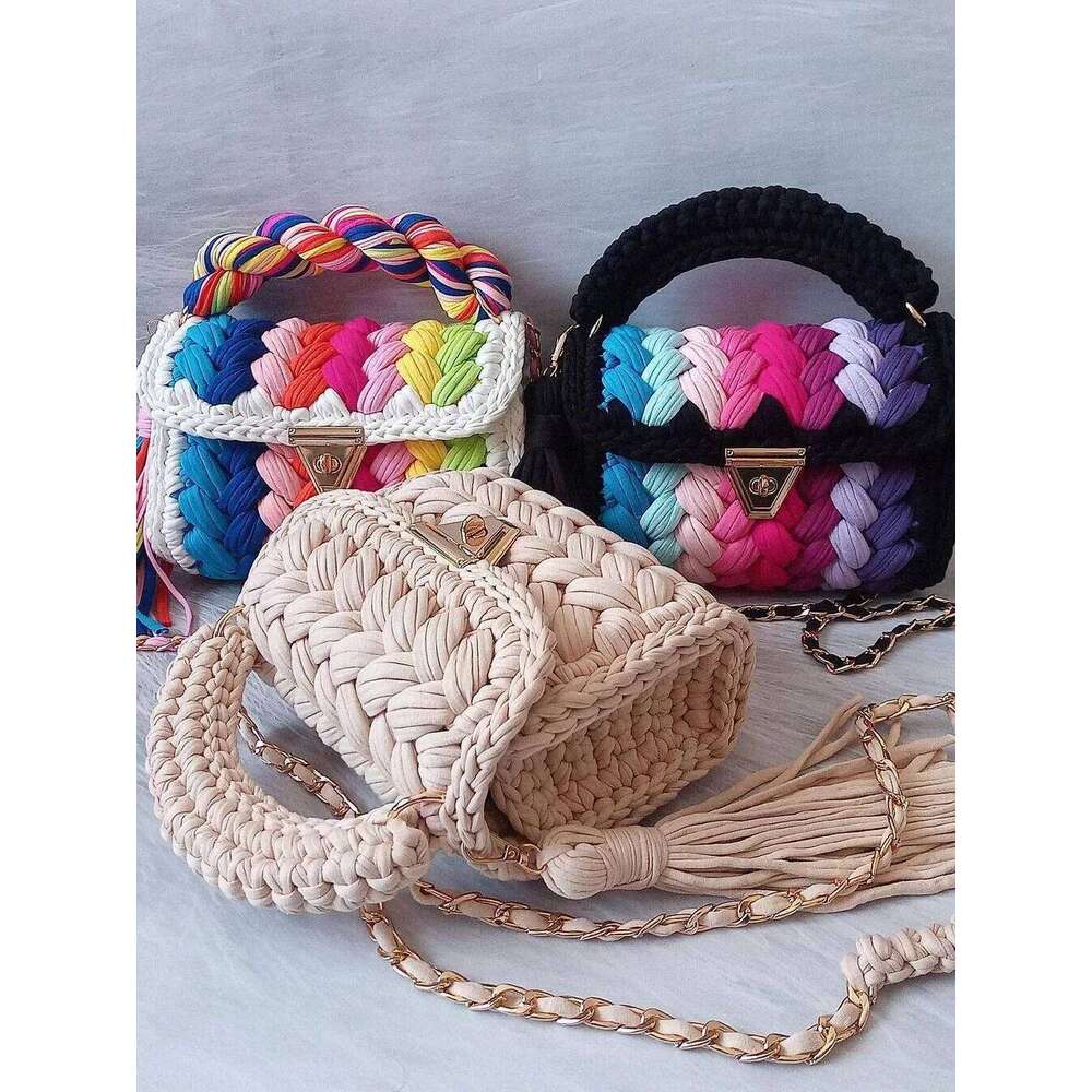 Design Bag Lady Shoulder Handmade Crochet Woven Bag Fabric Strip Designer Handbag Purses For Women Tote Bags Brand Bag
