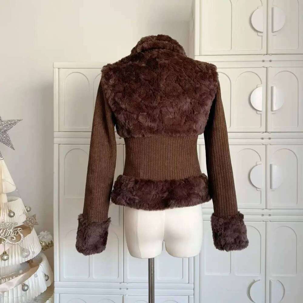 Brown Vintage Lapel Fur Coats Cross Zipper Fluffy Long Sleeve Slim Splicing Jacket for Women Retro Y2k Casual Street Fashion