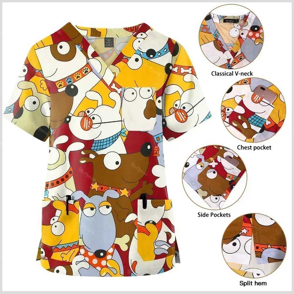 Spring/Summer New European And American Pullover Cartoon Printing Nurse Hospital Work Clothes V-neck Tops Pocket Casual T-shirts X2505281