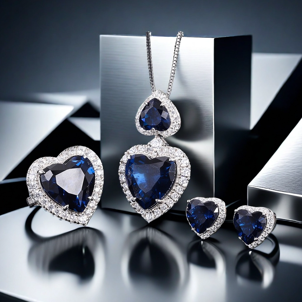 15*15 Love heart Jewelry Set S925 sterling Silver Royal Blue High Carbon Diamond Ring, Pendant Necklace, Earrings ,Antique Classic Elegant Precious Je