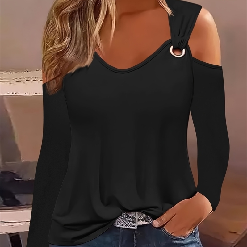 Plus Size Autumn Simple Metal Button Vneck Womens Shirt 2023 Sexy Casual Tshirt Pulling Top y250430Z