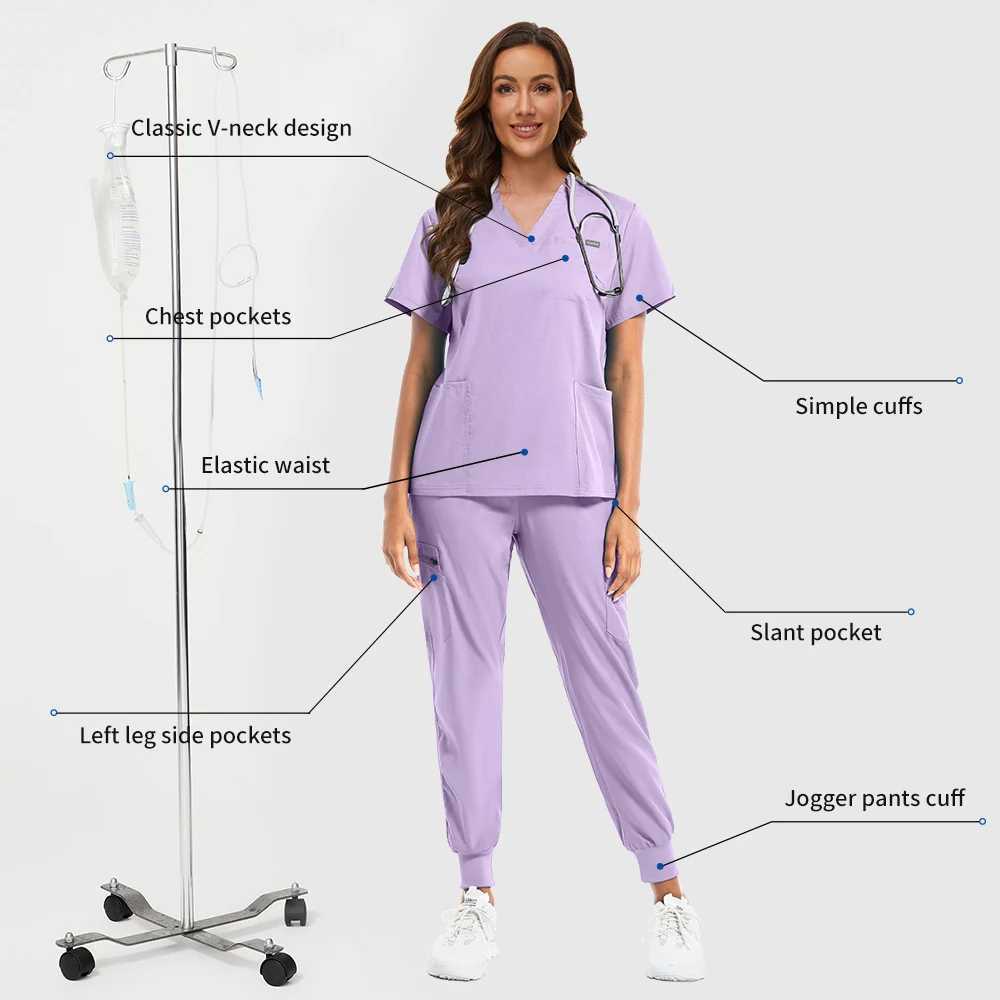 Scrubs Tops+jogger Pants Set Uniform Suit Short Slve V-neck Nursing Uniform Women Multicolor Pet Doctor Scrub Medical Workwear X2505281