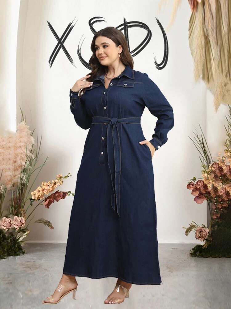 Long Denim Dress Sleeves Winter Plus Size Dress Women Elegant Luxury Cardigan Casual Denim Dress Wholesale Dropshipping