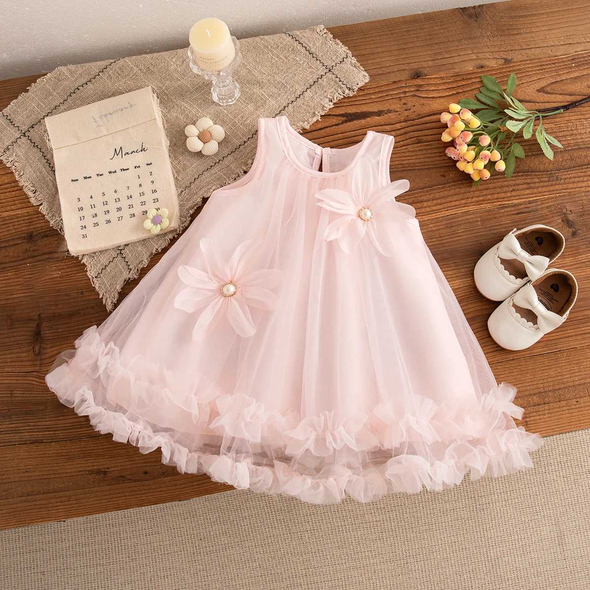 Baby Girl Pink Dress Flower Sweet Sleeveless Feather Gauze Princess Dress Wedding Party Dress for Kids Girl X250528
