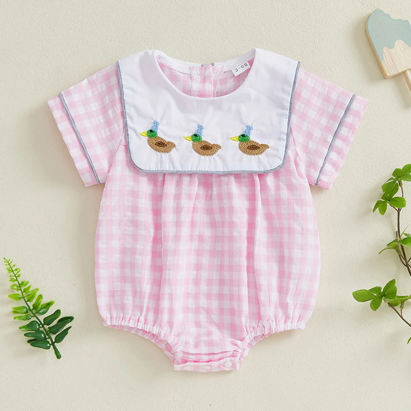 Pudcoco Infant Baby Girl Summer Casual Romper Short Sleeve O Neck Duck Embroidery Plaid Romper 0-18M 250528