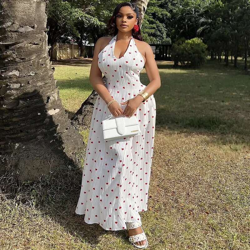 Women Sweetheart Print Halter Neck Maxi Long Dress 2025 Summer Beach Holiday Birthday Sexy Club Party Evening Dresses
