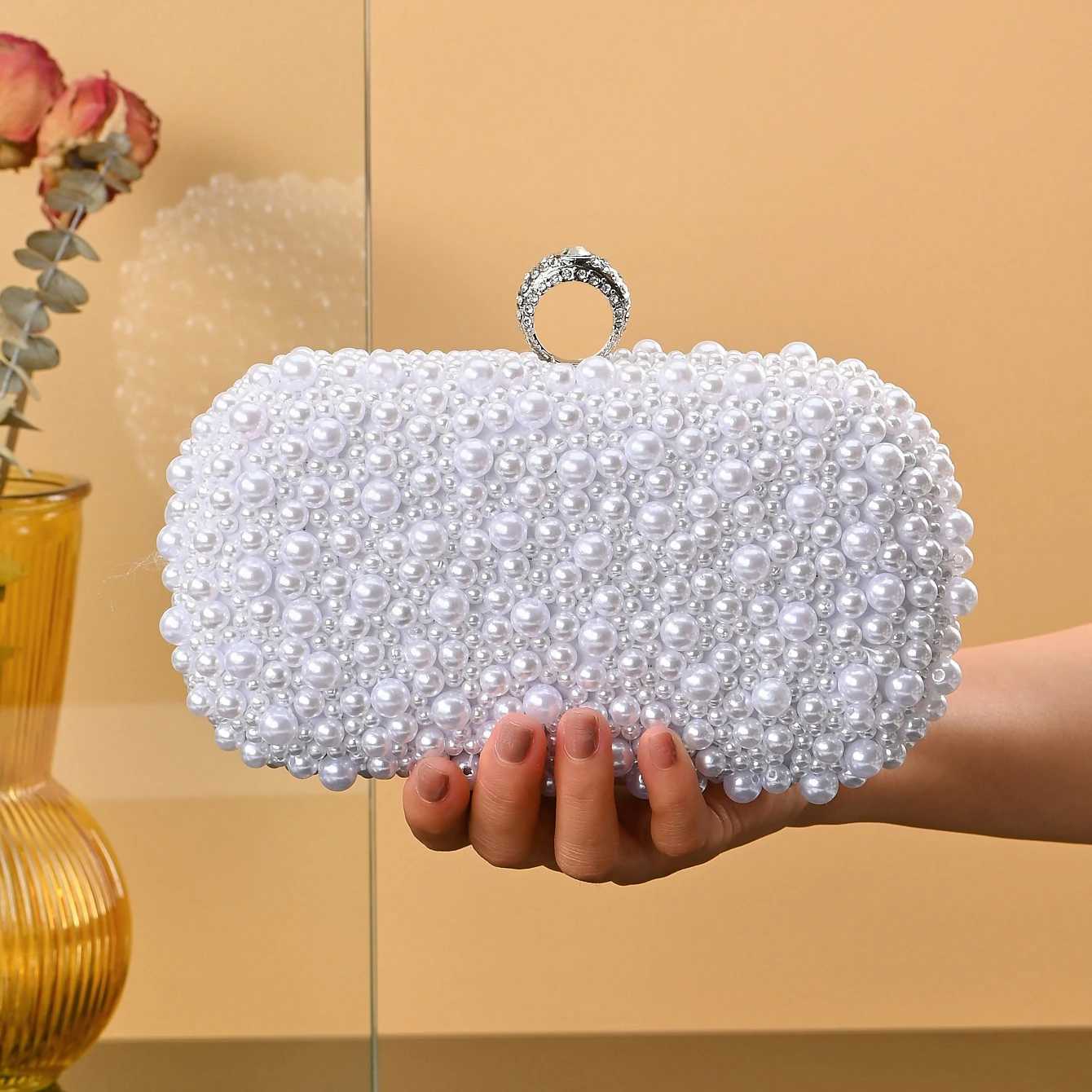 handmade wedding evening bag chain shoulder bag Full Beaded cluTCh bag Ladies Artificial Pearls Handbag for Wedding Party M250624