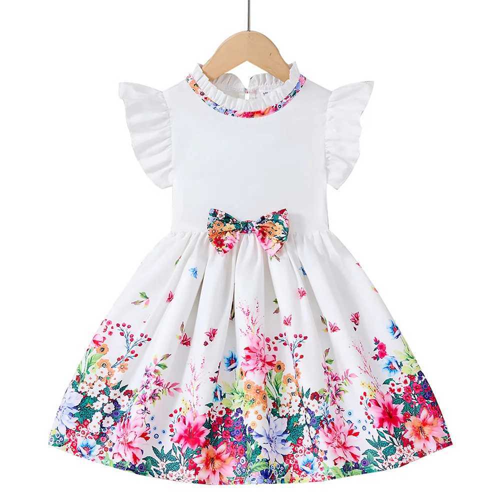New Kids Girl Dress Summer Floral with Bow Fashion White Dresses Short Sleeve Children Clothing Outfits Casual Printed Dresses X250528