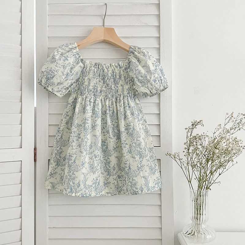 New Summer Clothes Baby Girls Princess Dresses Puff Sleeve Blue Flower Toddlers Vacation Kids Cotton Cute Dress Korean Style X250528