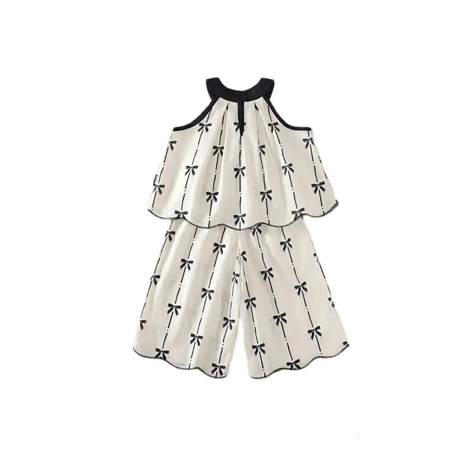 2PCS Summer Toddler Girls Korean Style Clothing Set Bowknot Sleeveless Tank Tops and Cool Wide Leg Pants Kids Suits 250528