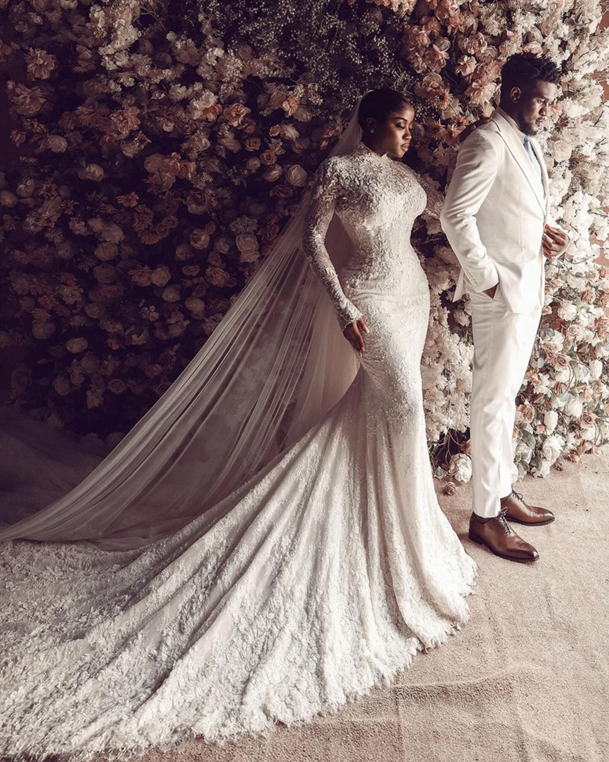 Vintage Mermaid Chart Wedding Dress high neck fulllace long sleeves plus size wedding dresses Bridal Gowns button back sweep train lacefull robe de ma