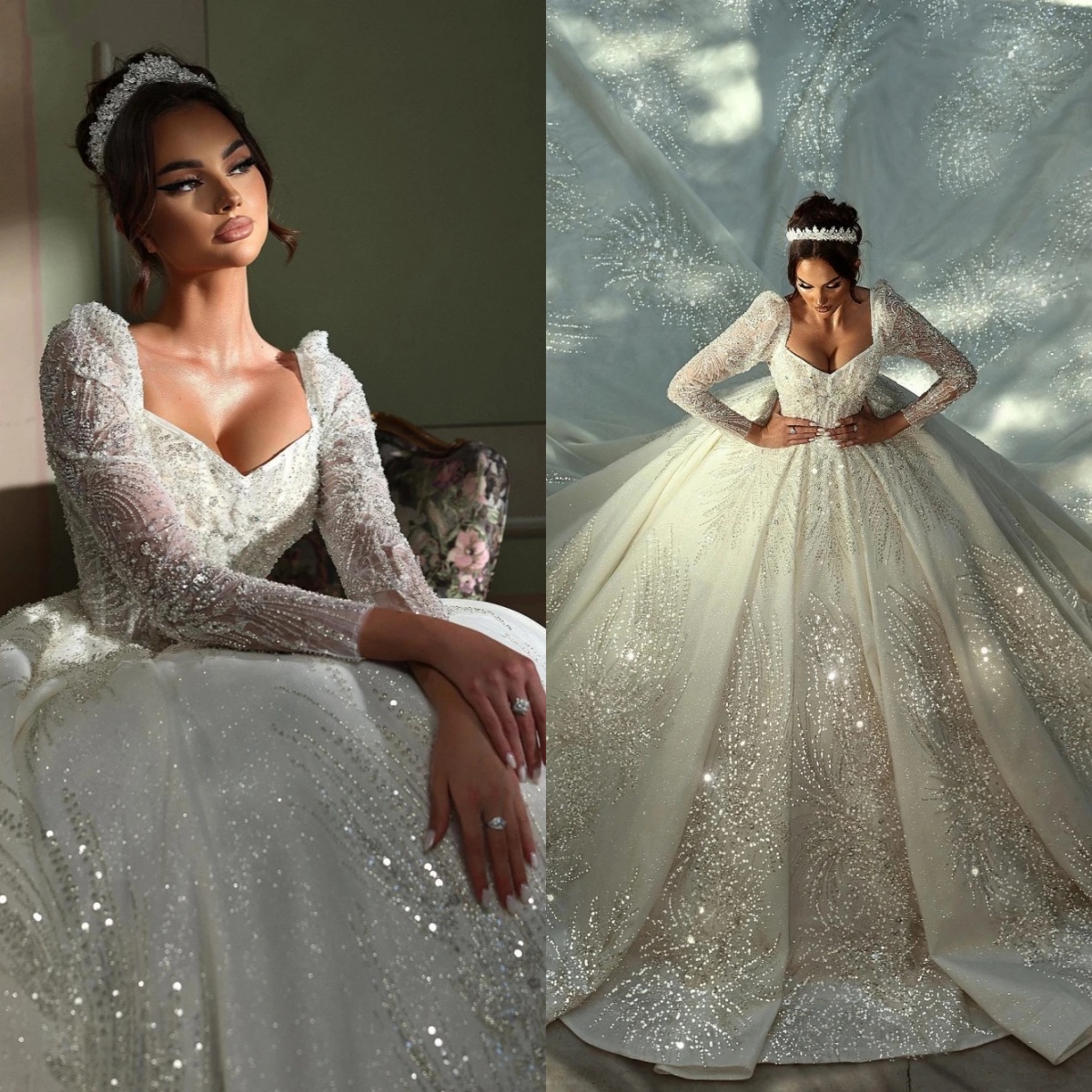 Luxury Sequins Beading Wedding Dresses Pearls Bridal Ball Gowns Long Sleeves Backless Lace Up Monarch Train Customized Bride Dress Vestido de novia