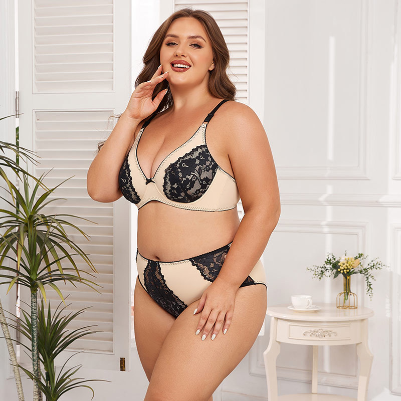 Gexifang E Cup Full Coverage Bra with Semi-Transparent Lace - Large Size Womens Underwear Set