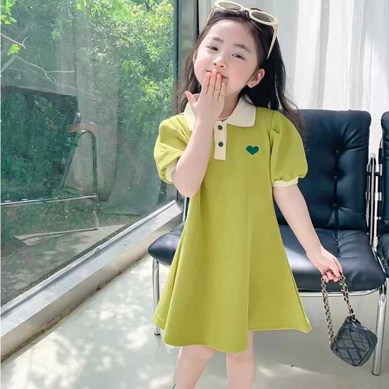 Summer New Girls Princess Dress Solid Color Heart Embroidery Pattern Lapel Collar Dress For 2-12 Years Teen Kids Casual Dress X250528