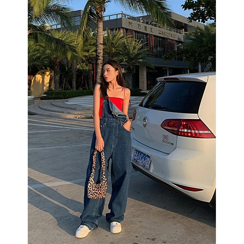 MEXZT Denim Jumpsuit Women Streetwear Baggy Overalls Fashion Pocket Wide Leg Suspender Pants Korean Straight Jeans Trousers 250523