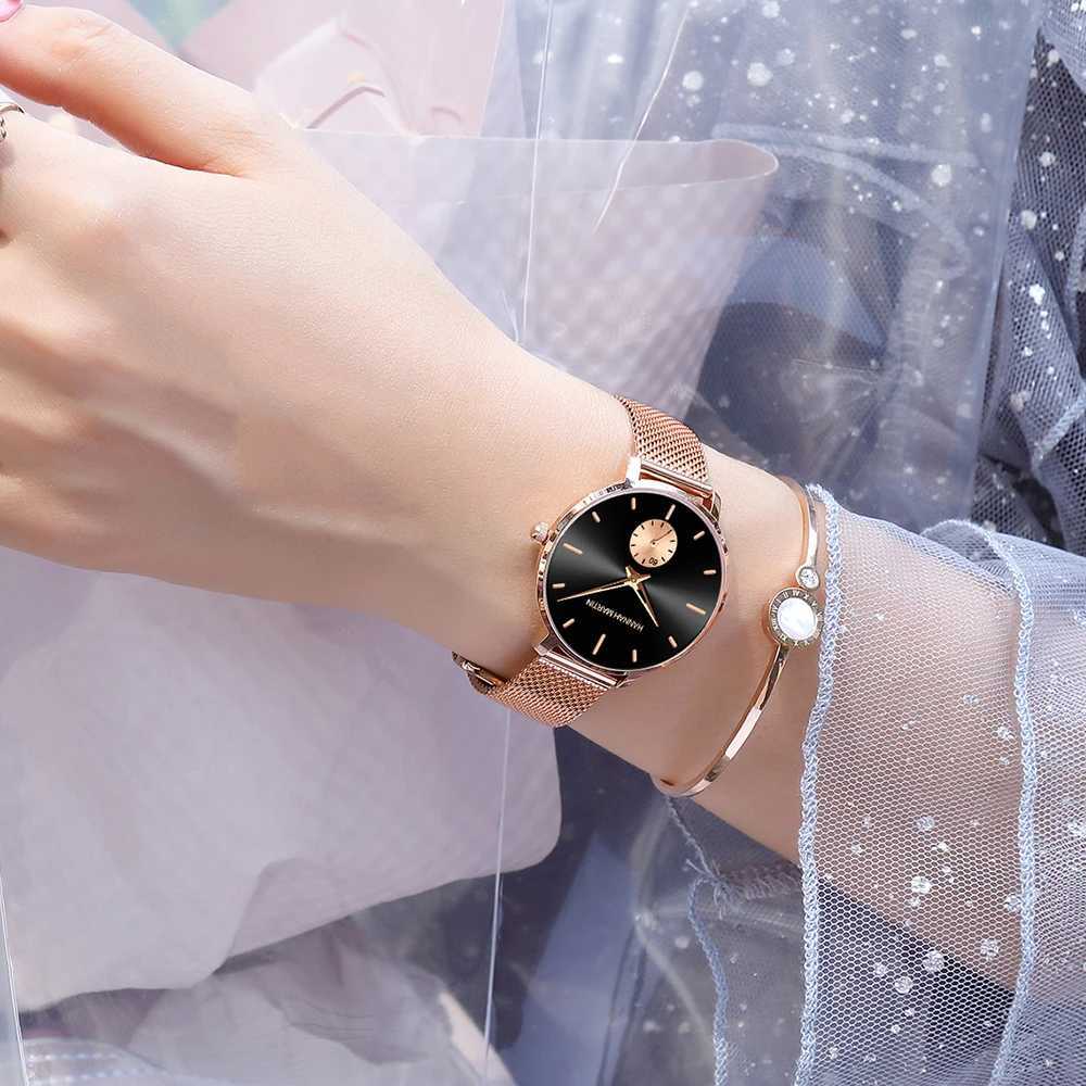 2025 New Fashionable Women Watch Top Brand Hannah Martin Original Quartz Movement Stainless Steel Mesh Belt Women Dress Watches XJ250527