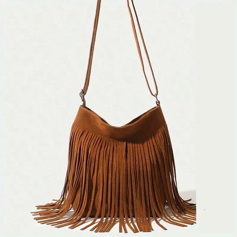 Brown Suede Elegant Crossbody with Adjustable Strap - Hand Washable, Solid Color, Buckle Closure, Polyester Lined, No Oil Edges Fringe Shoulder Bag
