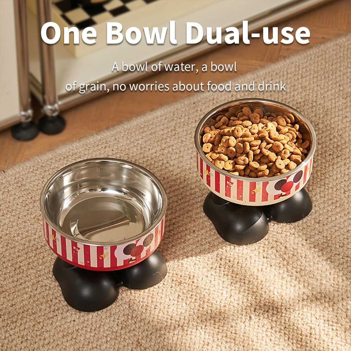 A striped popcorn high-foot pet bowl stylish stainless steel large-capacity dogbowl for feeding and water neck-protecting c Y250528