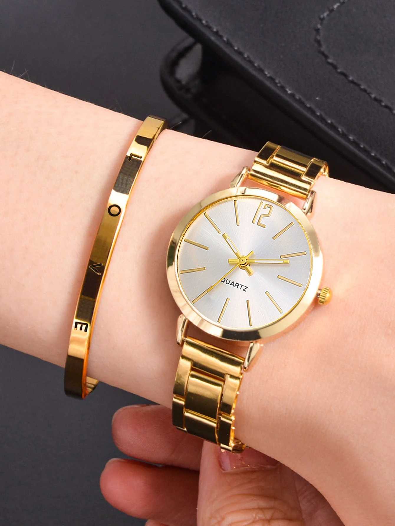 Fashion gold graduated compact womens quartz watch and LOVE bracelet set watch gift daily travel wear XJ250527