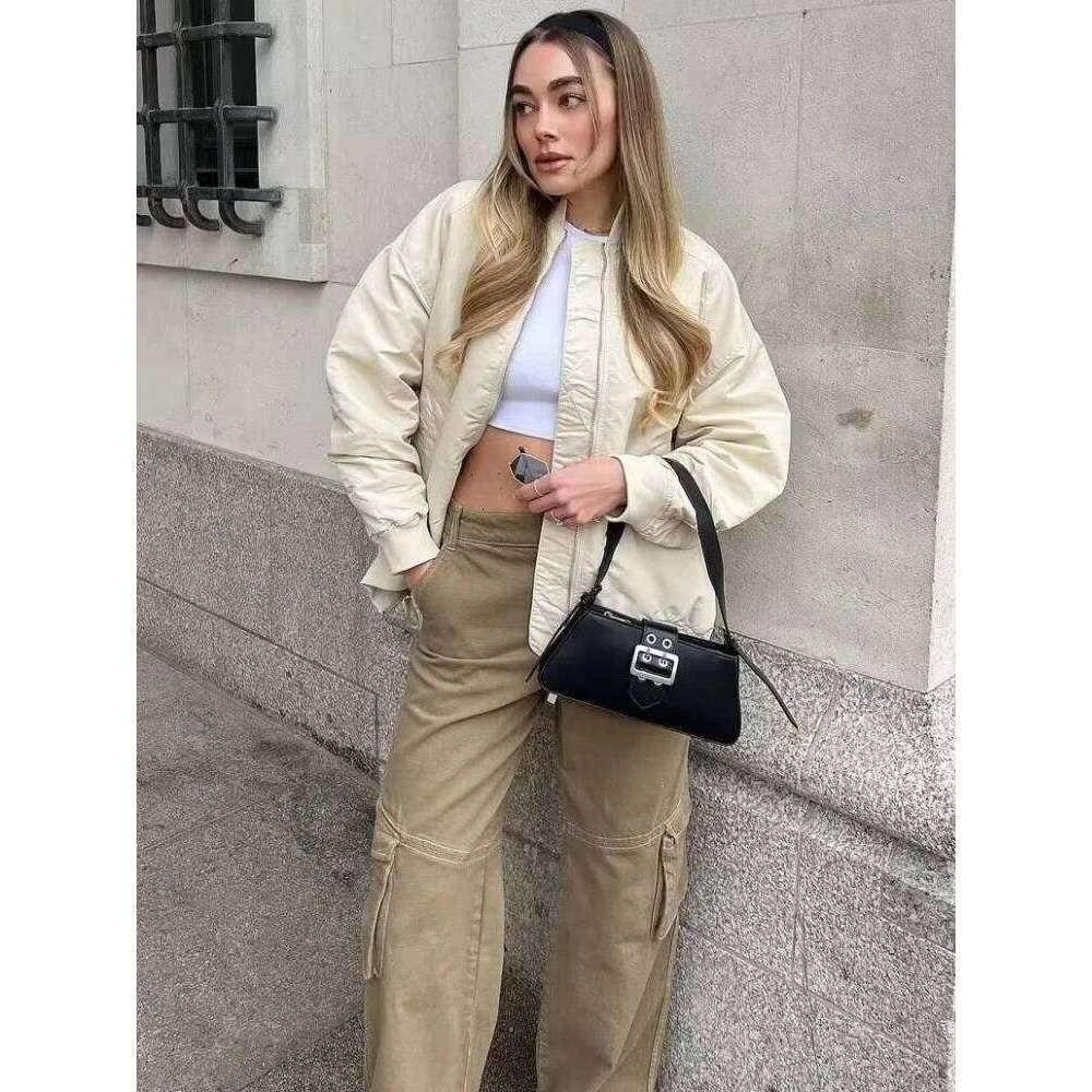 ZBZA Women's Spring Autumn Round Neck Loose Bomber New Oblique Pocket Zipper Oversized Jacket Coat Chic Female Outerwear
