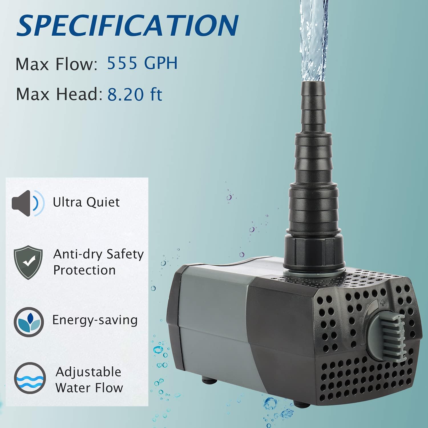 (HSUP3000F) Submersible Water Pump With Fountain Jets - Pond Pump - Submersible Pump - Water Fountain Pump - Aquarium Pump
