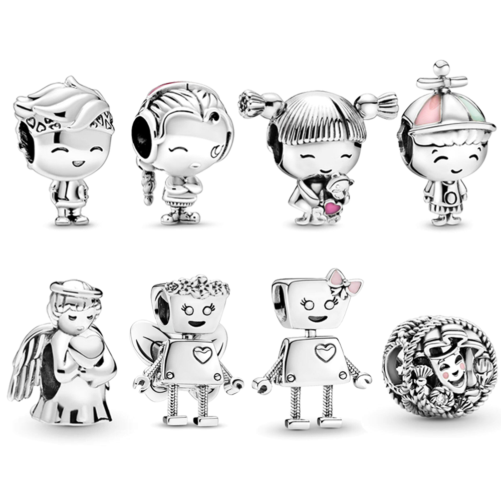 FewDook 2025 New 925 Silver Color Charm Fit Original Bracelet Pendant Boy Girl Sparkling Robot Bead Pan Angel Dangle Plated DIY Women Jewelry Gift Acc