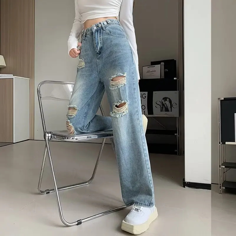 2025 Spring Summer Jean Hole Ripped Loose Full Length Blue Color High Waist Denim Pants For Women Streetwear Trousers 250516Z